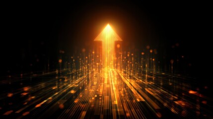 Abstract representation of upward movement with glowing arrow and light particles symbolizing growth, success, and technological advancement in dark background