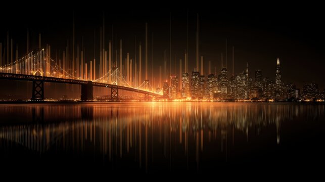 Beautiful night view of glowing city skyline with bright lights and reflections over calm water under dark sky showcasing modern architecture and bridge - Powered by Adobe