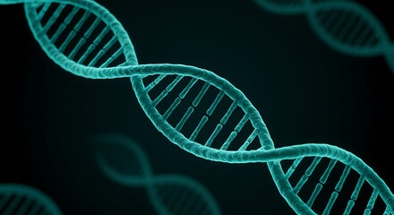 Close-up of a DNA molecule strand on a black background. Detailed 3D render of the double helix, used in science, medicine, and education