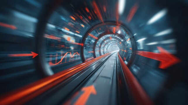 High-Speed Journey Through a Futuristic Tunnel with Dynamic Light Trails and Motion Blur Effects, Representing Speed and Technology