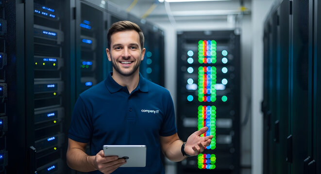 IT specialist in server room, smiling, blurred computers and lights.