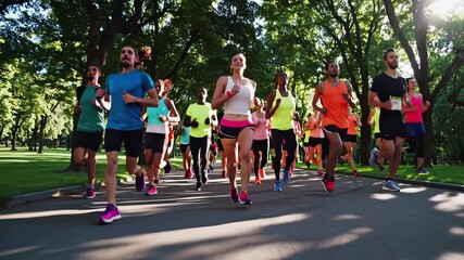 A dynamic video captures a group jogging in a park, shot from a low angle, highlighting movement and energy under lush green trees.