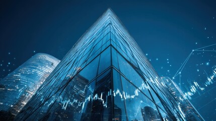 Futuristic Skyscraper with Glass Facade and Financial Data Overlay in Urban Nightscape