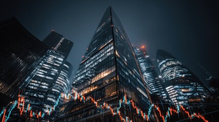 Obraz premium Urban skyline at night with illuminated skyscrapers and financial charts representing market trends and investment opportunities in a vibrant city environment