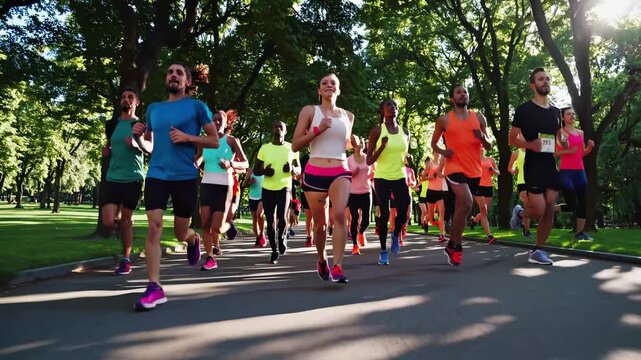 A dynamic video captures a group jogging in a park, shot from a low angle, highlighting movement and energy under lush green trees. - Powered by Adobe