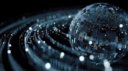 Abstract Representation of Digital Data Stream with Rotating Globe and Circular Light Trails on Dark Background