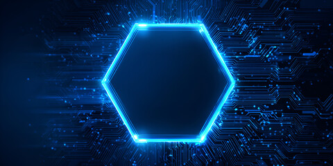 Blue hexagon tech frame with digital circuits and glowing core
