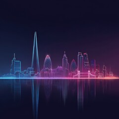 Fototapeta premium Futuristic Neon Wireframe City Skyline with Gradient Hues, Reflective Surface, and Vibrant Urban Glow.