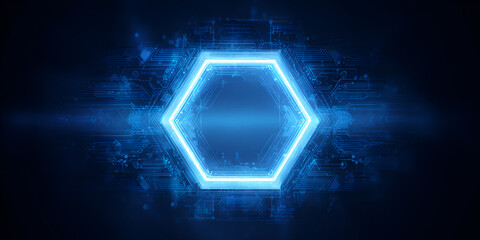 Futuristic hexagon shape glowing in digital blue tech interface
