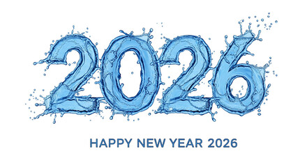 Creative blue water splash numbers 2026 on a transparent background showcasing the fluid and dynamic nature of liquid typography. Happy new year 2026.
