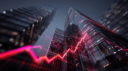 Urban skyline with modern skyscrapers showing financial growth trend and digital data overlay for innovative business and finance concepts
