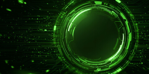 Futuristic circular interface with glowing green core and rotating HUD elements
