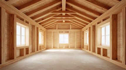 Fototapeta premium Empty wooden house interior with beams and sunlight through windows, architecture and construction concept highlighting design, structure and space.