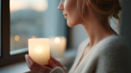 A peaceful woman arranging glowing candles on a windowsill