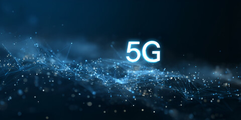 Floating 5G text above abstract glowing digital particles and blue data mesh
