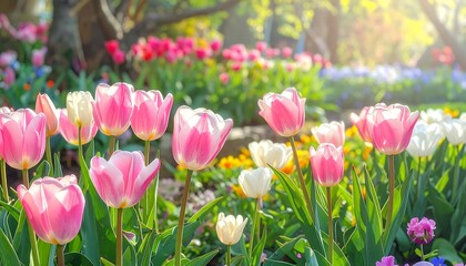 Obraz premium Vibrant tulip garden in sunlight