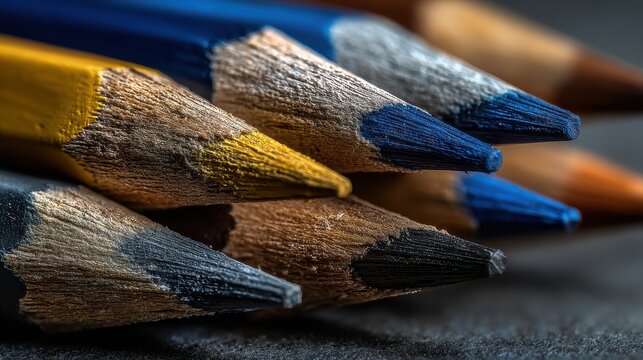 Macro Close-Up of Colorful, Used Pencils, Showing Texture and Detail, Artistic Composition.