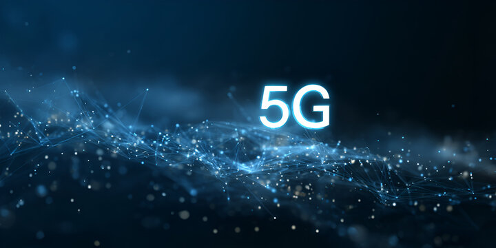 Floating 5G text above abstract glowing digital particles and blue data mesh
