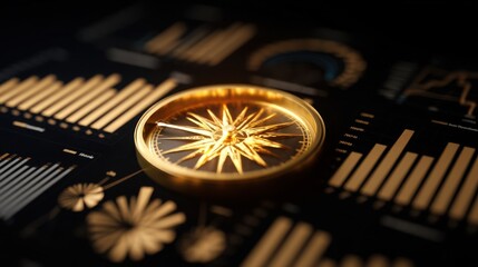 Elegant Gold Compass on Dark Background with Financial Graphs and Data Visualizations, Symbolizing Navigation, Direction, and Decision-Making in Business