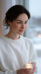 A peaceful woman arranging glowing candles on a windowsill