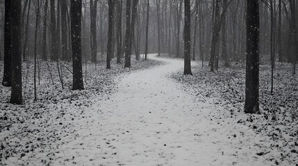 Snowy path through winter forest with falling snow creating scenic view