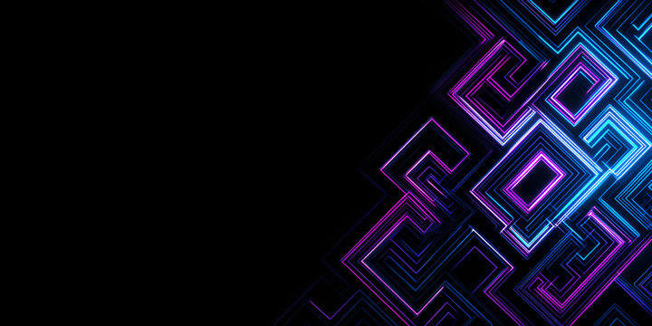 Diagonal glowing neon maze with blue and purple lines on futuristic black background
