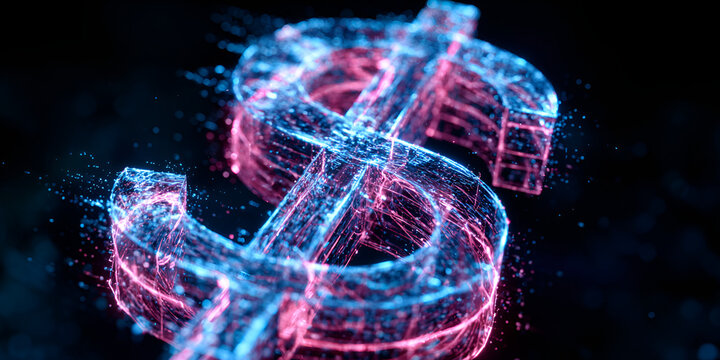 Glowing digital dollar sign in cyberpunk style with blue and pink particles on dark background
