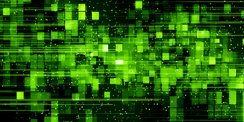 Bright green glowing digital blocks and data matrix grid on a futuristic cyber background
