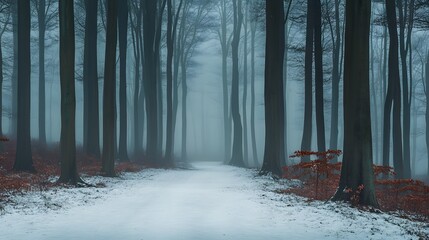 Mystical winter forest landscape with snow covered ground and fog