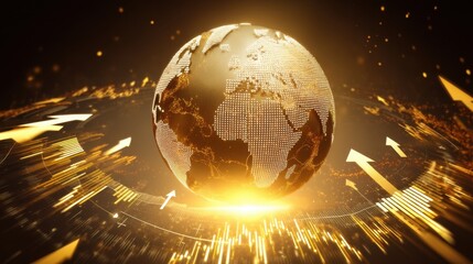Golden Globe with Digital Dots and Arrows Representing Global Growth and Connectivity in a Futuristic Style