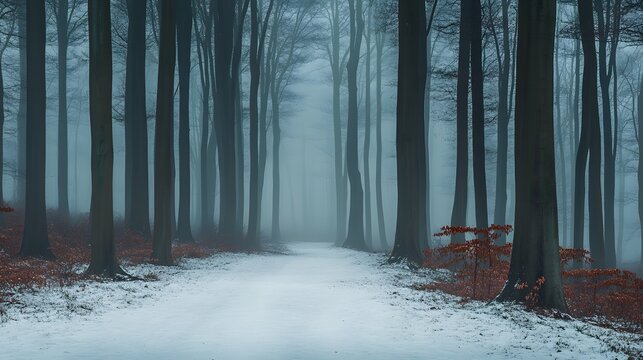 Mystical winter forest landscape with snow covered ground and fog