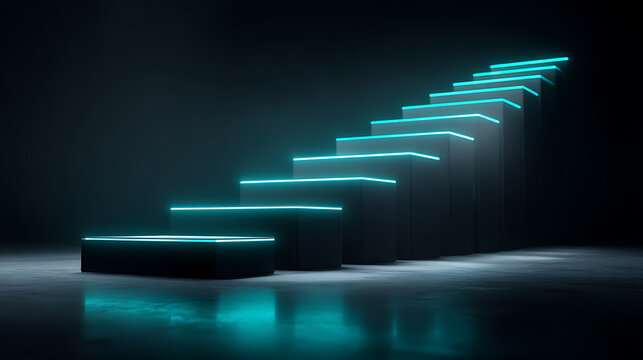 Dramatic conceptual shot of dark geometric stairs or steps illuminated by vibrant cyan neon light strips, symbolizing ascent, progress, challenge, and opportunity.
