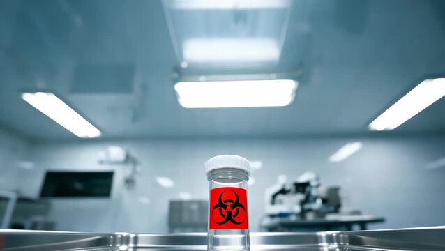Biohazard Sample Container in Laboratory Environment with Caution Label