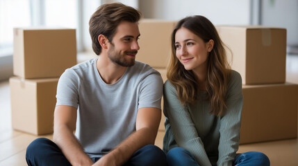 A portrait of a man and woman taking a break from moving, surrounded by cardboard boxes in a bright room.