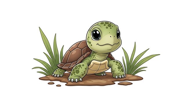 Cute Turtle in Grassy Mud Puddle.
