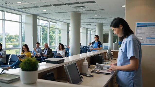 Busy Hospital Waiting Area with Patients and Staff