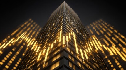 Futuristic skyscraper with glowing patterns and reflections in downtown area showcasing modern architecture and innovative design in urban landscape at night.