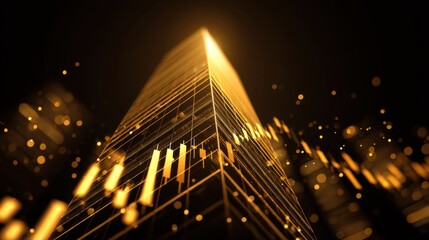 Majestic golden skyscraper reaching towards the night sky with glowing light effects and dynamic data visualization in a modern financial context