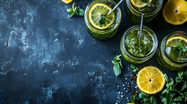 Refreshing mint lemonade drink in jars with lemon slices and black background - Powered by Adobe