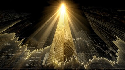 Modern skyscraper shines bright against a dark city skyline with business graphs and data visualizations representing financial growth and success