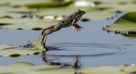 A brown frog leaps from a lily pad, its legs extended, creating ripples in the calm water.  Sunlight glints on the surface, highlighting the frog's movement and the surrounding aquatic plants