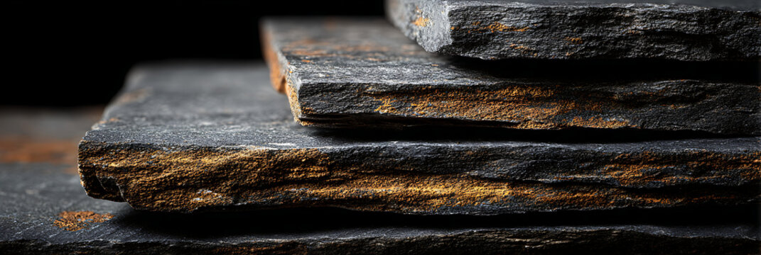 Close-up of stacked rough slate or shale rock slabs showing exposed horizontal layers of dark gray stone contrasted with warm, oxidized brown and orange banding.