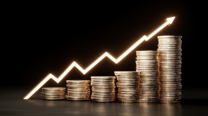 Golden Coins Stacked in an Ascending Pattern with an Upward Arrow Depicting Financial Growth and Prosperity Metrics for Investment and Economy