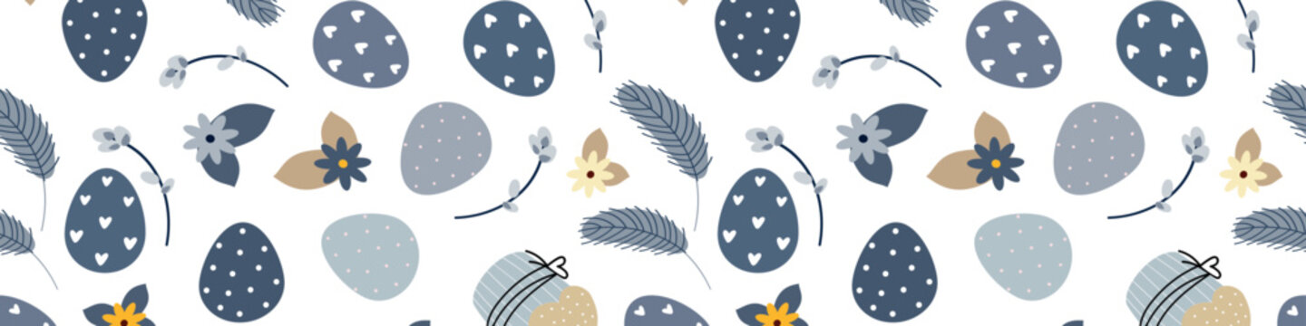 Vector illustration of blue background of eggs and flowers and pussy willow on white surface