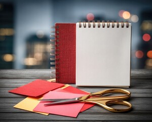 Stylish Notepad With Colorful Paper And Scissors On Wooden Table