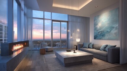 Modern Urban Apartment Living Room With City Sunset View