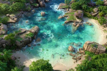 A vibrant, animated tropical cove with clear turquoise water and lush greenery