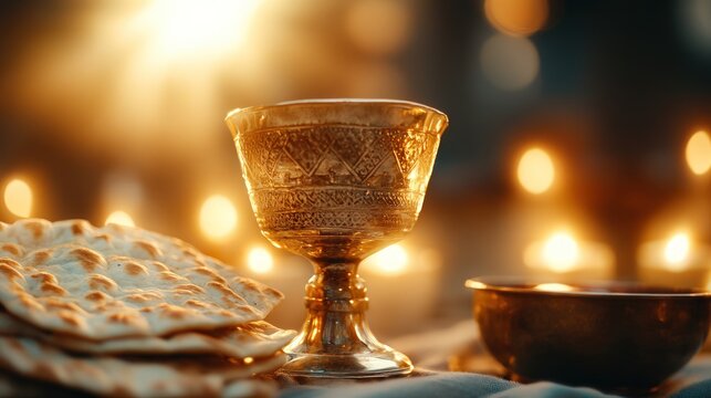 Gold chalice and unleavened bread representing religious communion and historical tradition