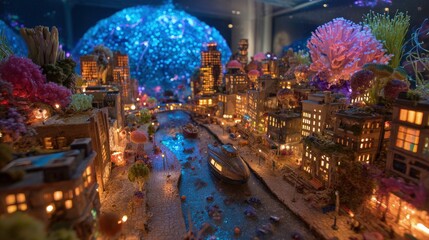 Illuminated Miniature City Model Display