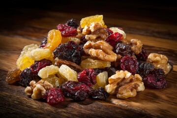 Colorful Dried Fruit And Nut Mix On Wooden Board